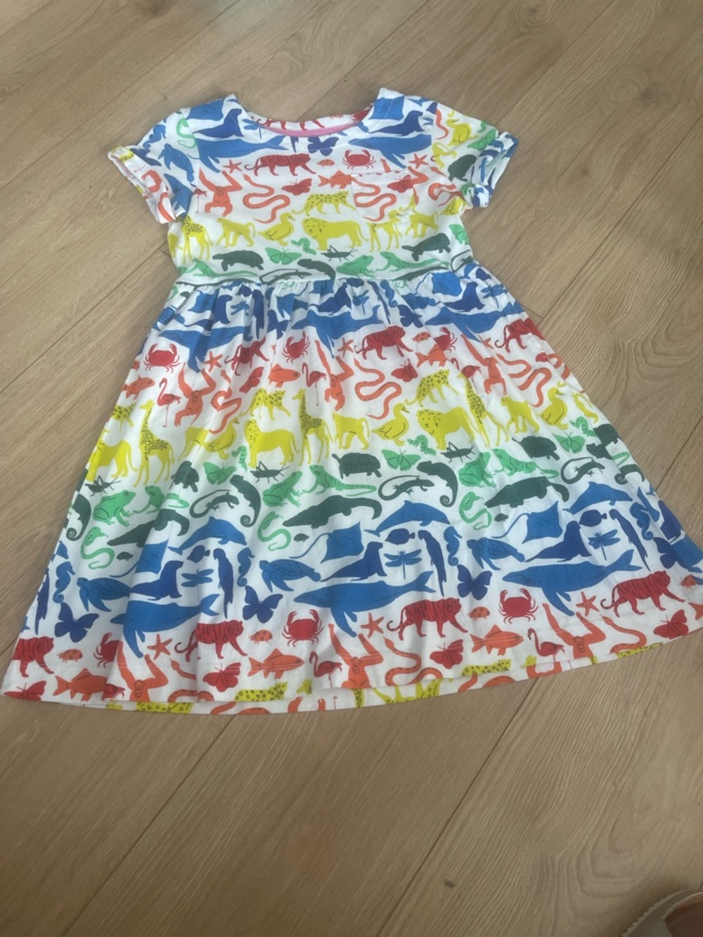 Mini Boden size 9-10 year old Girls' Rainbow Animal Print Cotton Dress